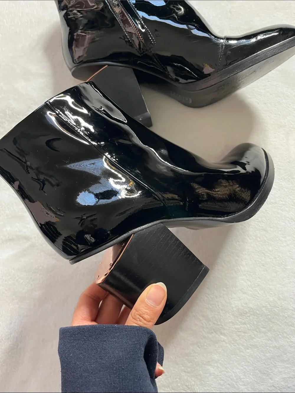 Alexander Wang 7.5 Black Patent leather Gabi Boots cut out block heel rose gold